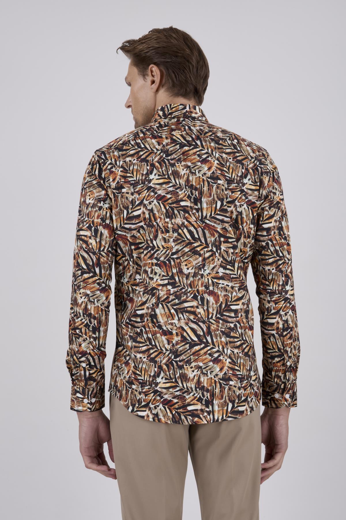 Erkek Slim Fit Desenli Kahverengi Gömlek