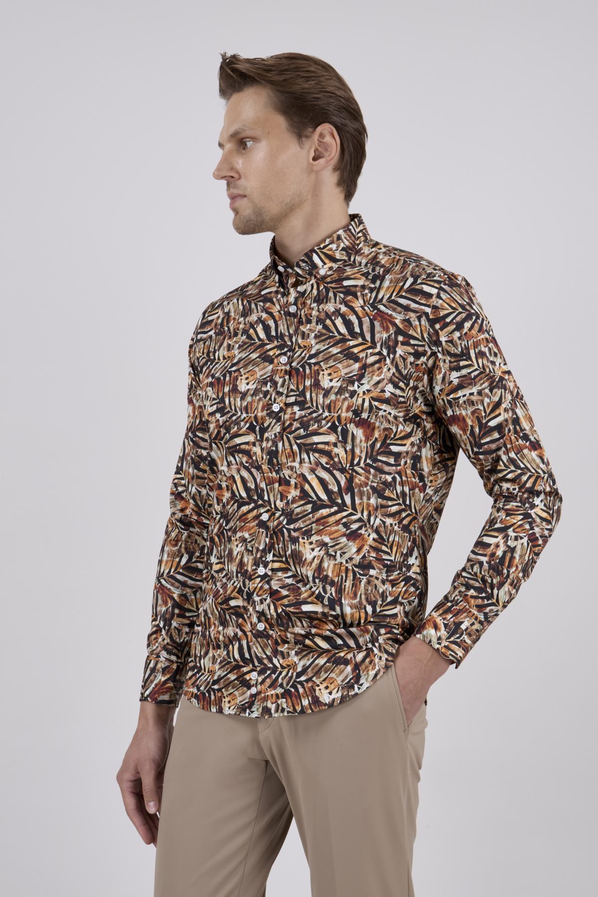 Erkek Slim Fit Desenli Kahverengi Gömlek