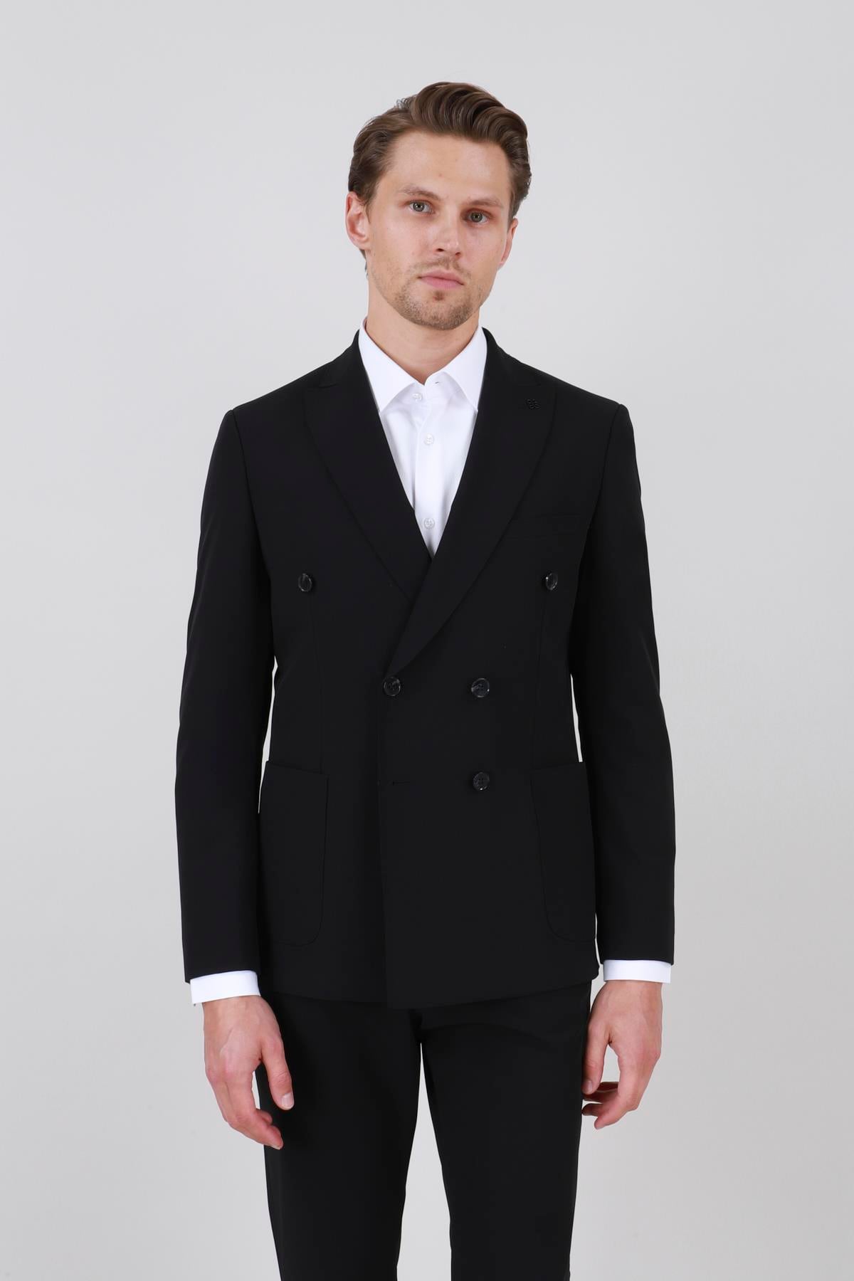 Erkek Slim Fit Sivri Yaka Torba Cep Yarım Astar Siyah Kruvaze Takım Elbise