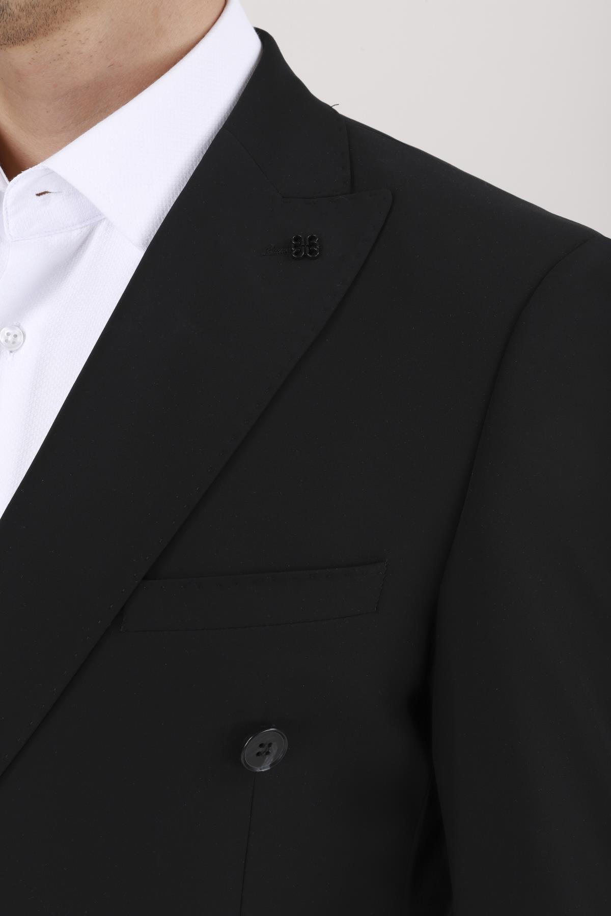 Erkek Slim Fit Sivri Yaka Torba Cep Yarım Astar Siyah Kruvaze Takım Elbise