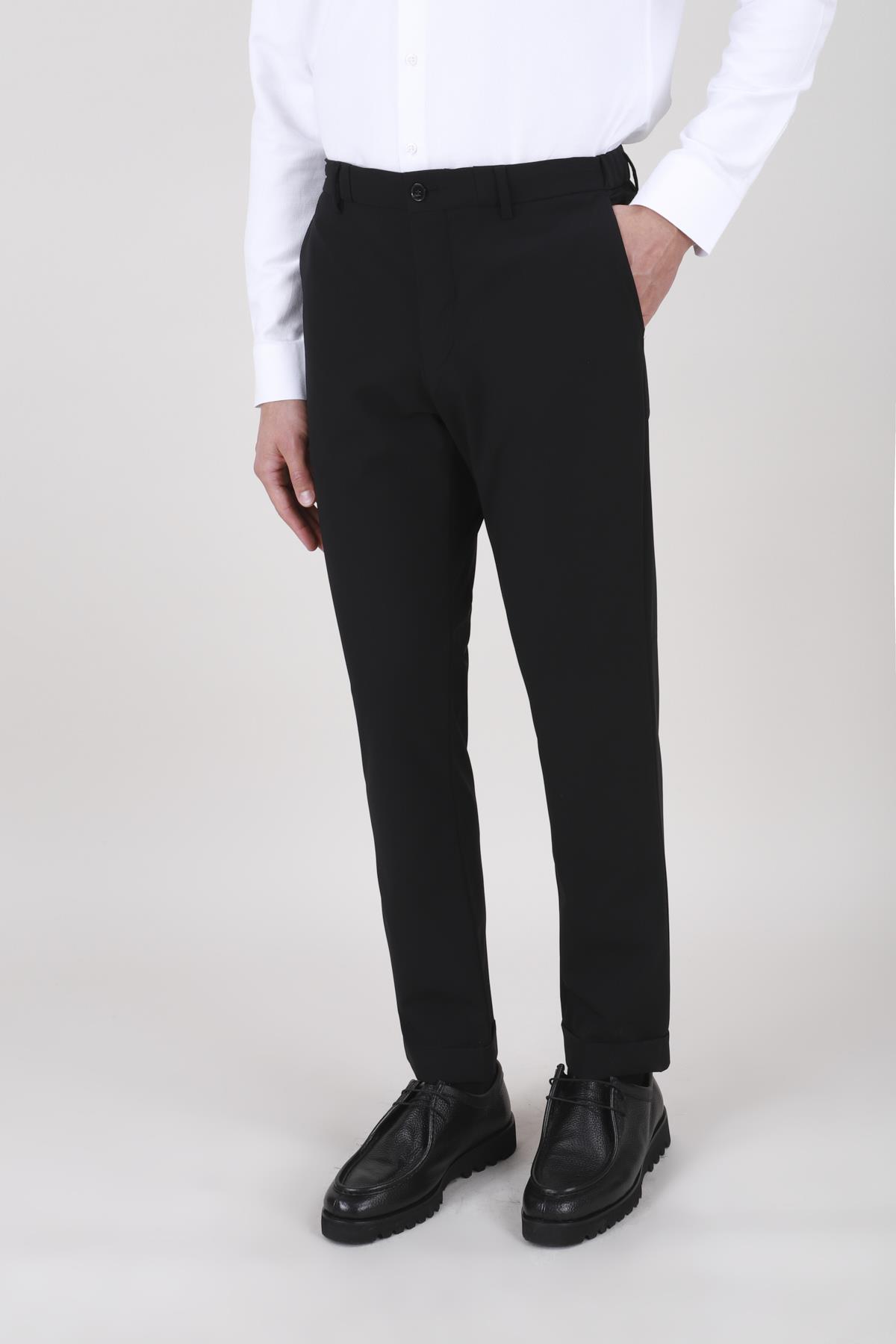 Erkek Slim Fit Sivri Yaka Torba Cep Yarım Astar Siyah Kruvaze Takım Elbise