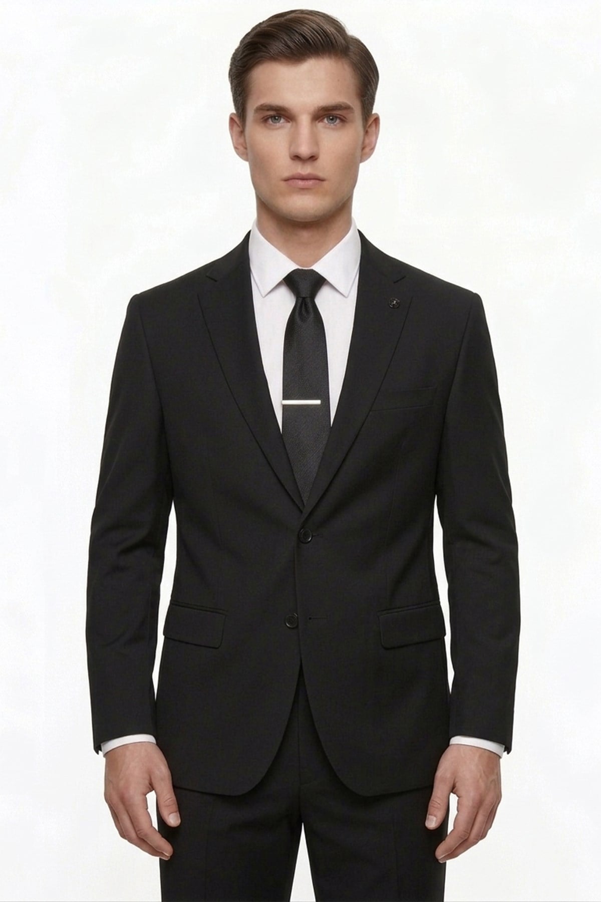 Erkek Slim Fit Mono Yaka Siyah Yelekli Takım Elbise