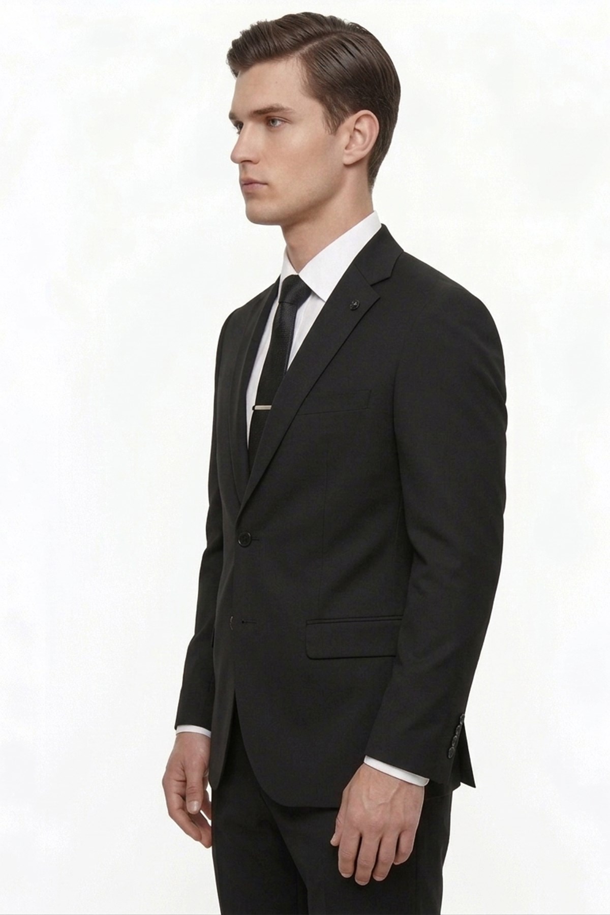 Erkek Slim Fit Mono Yaka Siyah Yelekli Takım Elbise