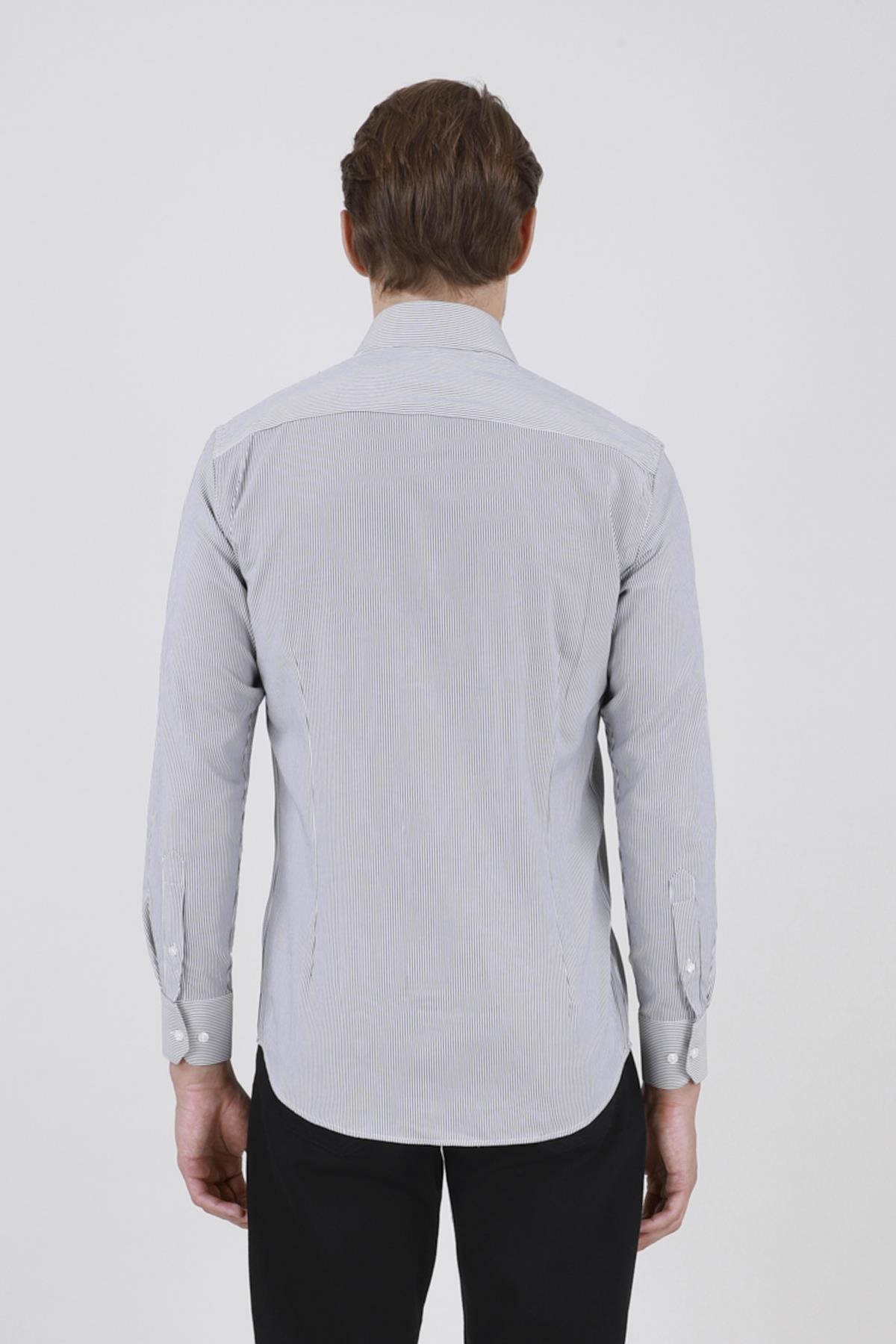 Erkek Slim Fit Çizgili Siyah Gömlek
