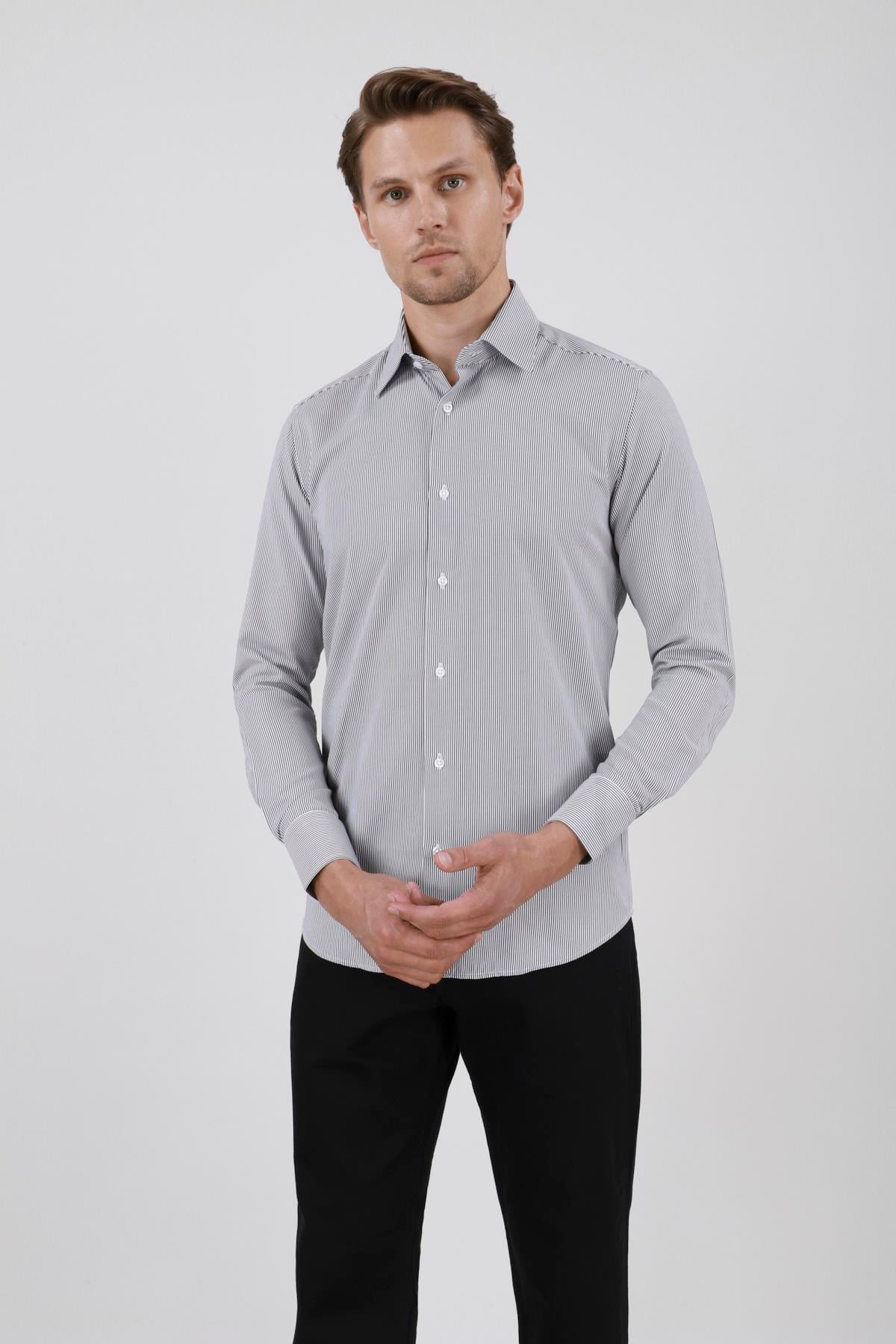 Erkek Slim Fit Çizgili Siyah Gömlek