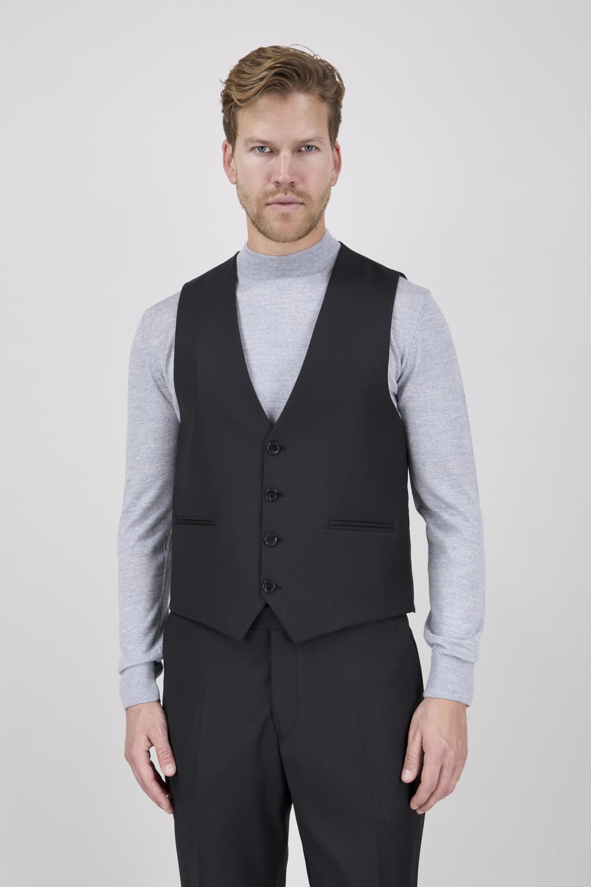 Erkek Slim Fit Sivri Yaka Füme Yelekli Takım Elbise