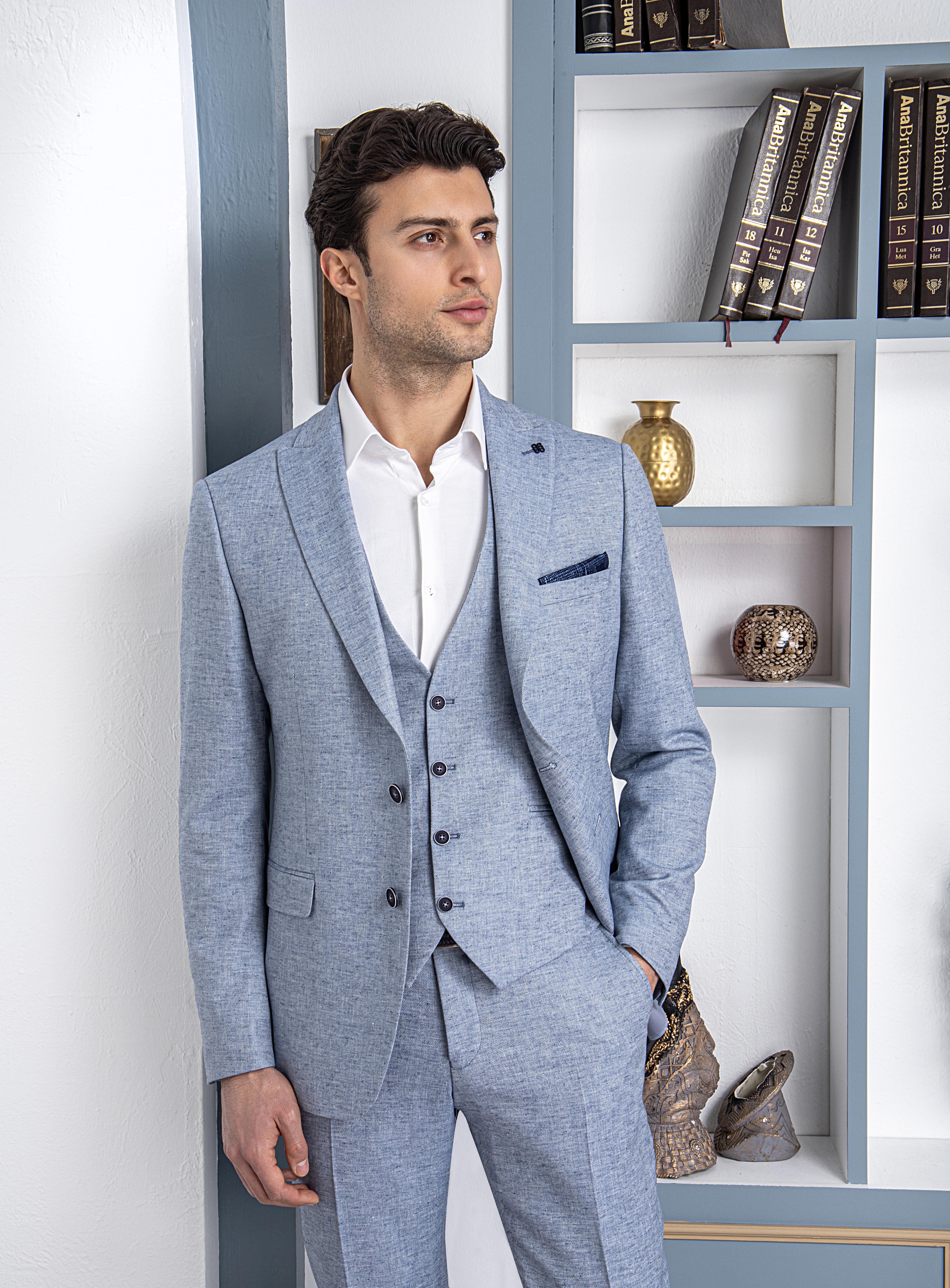 Erkek Slim Fit Sivri Yaka Mavi Yelekli Takım Elbise