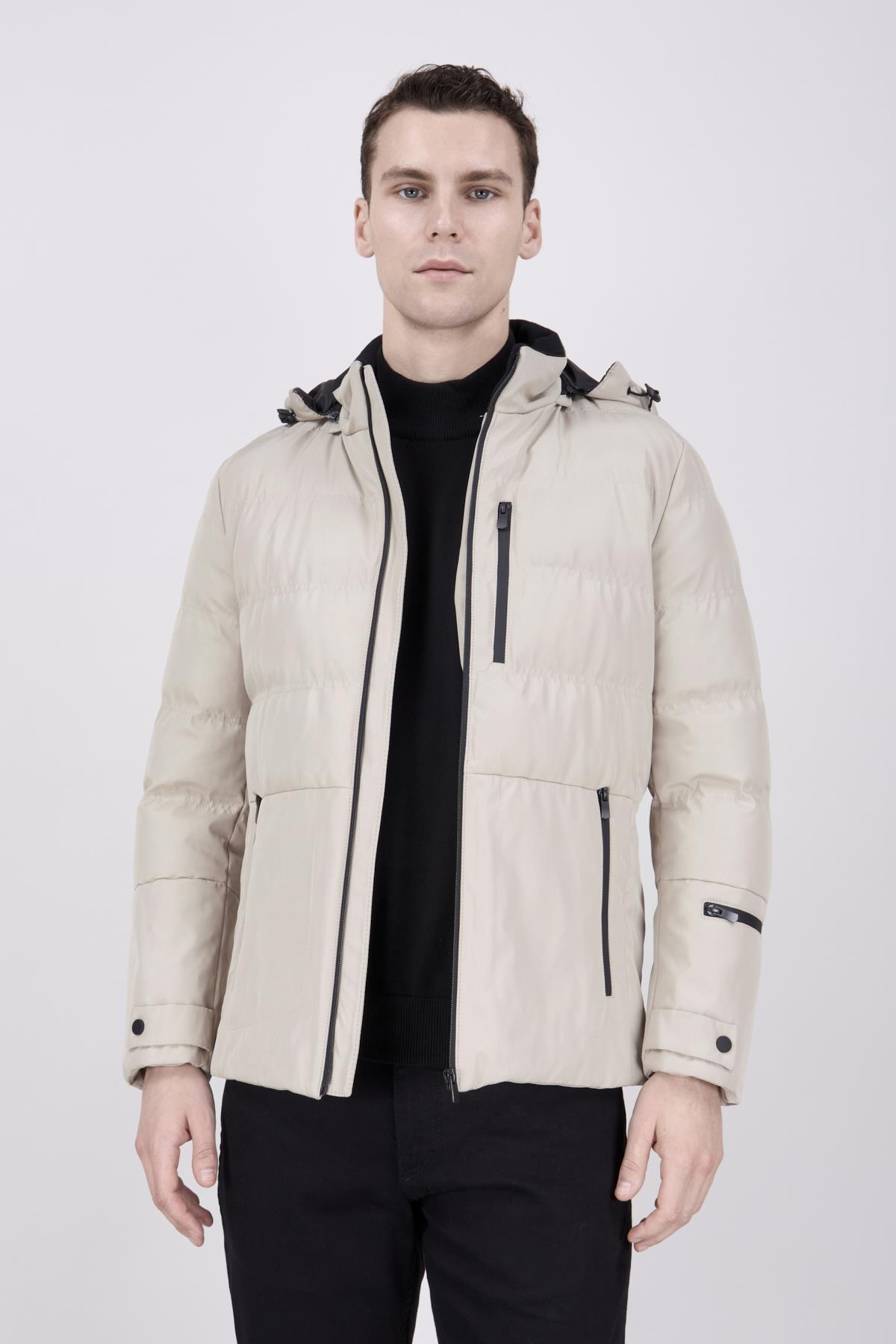 Erkek Kapşonlu Taş Rengi Mont