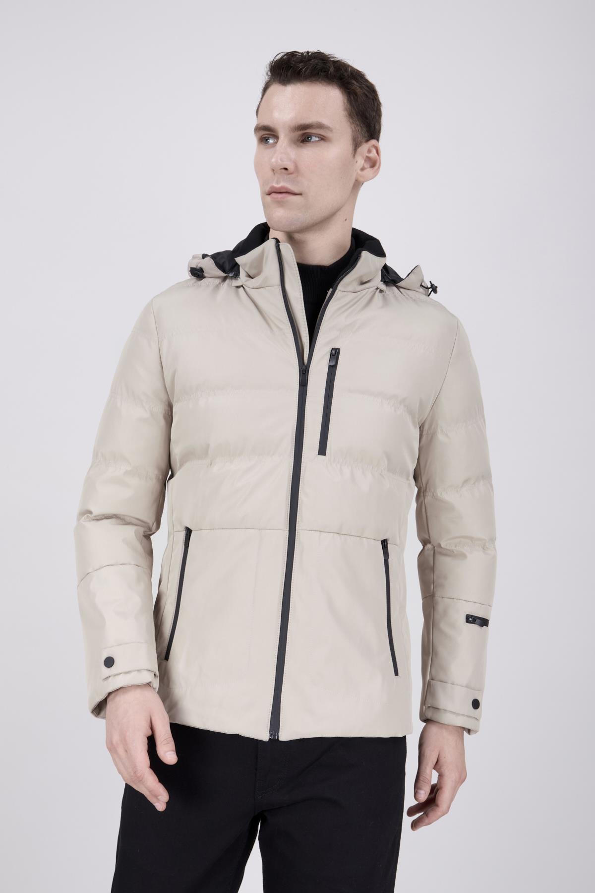 Erkek Kapşonlu Taş Rengi Mont