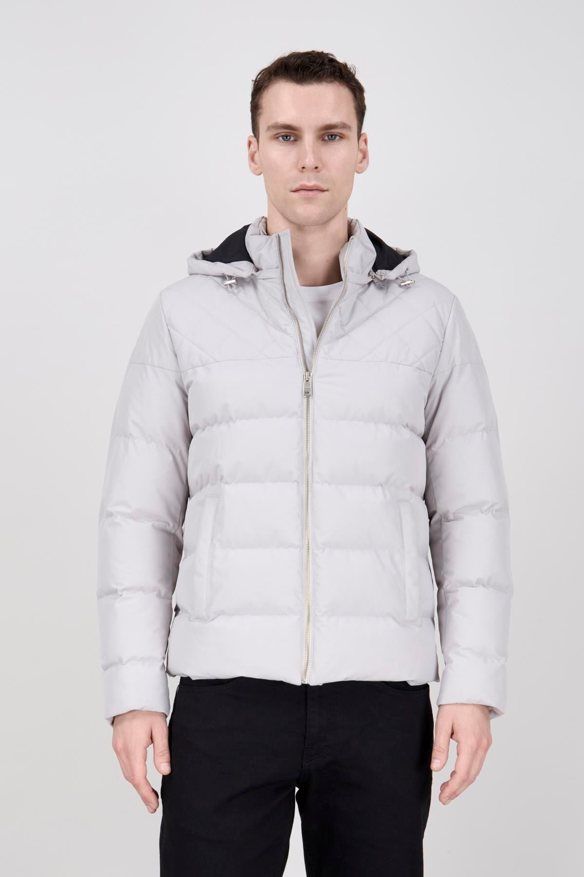 Erkek Kapşonlu Taş Rengi Şişme Mont