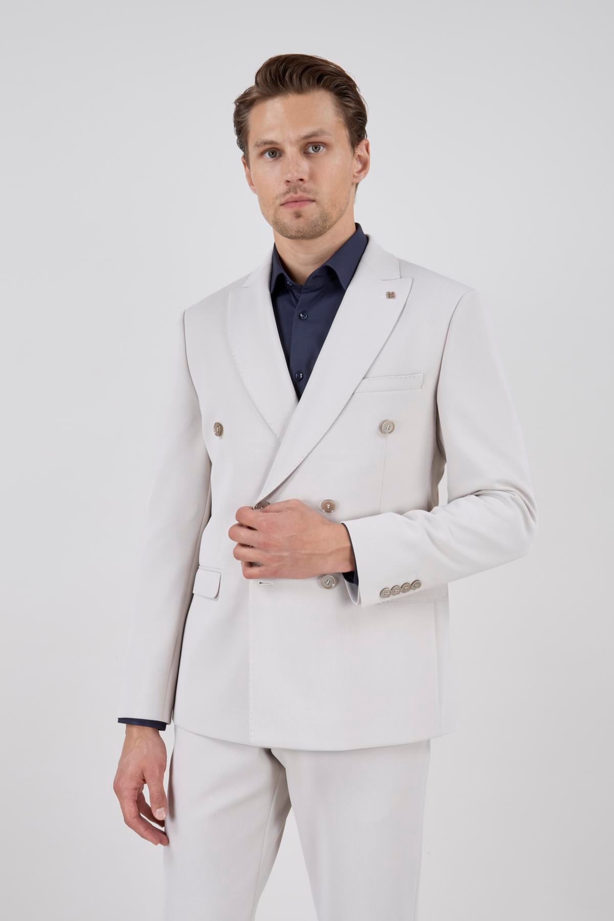 Erkek Slim Fit Sivri Yaka Puntolu Kapak Cepli Taş Yarım Astar Kruvaze Takım Elbise