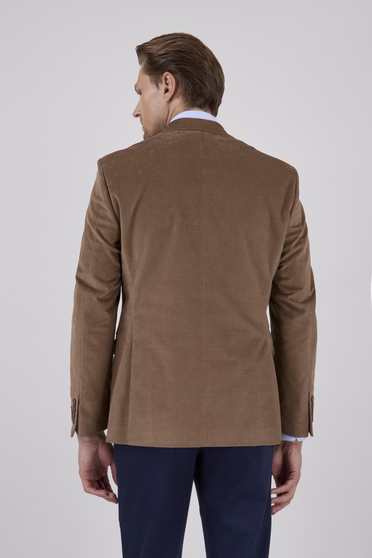 Erkek Slim Fit Mono Yaka Kadife Vizon Ceket