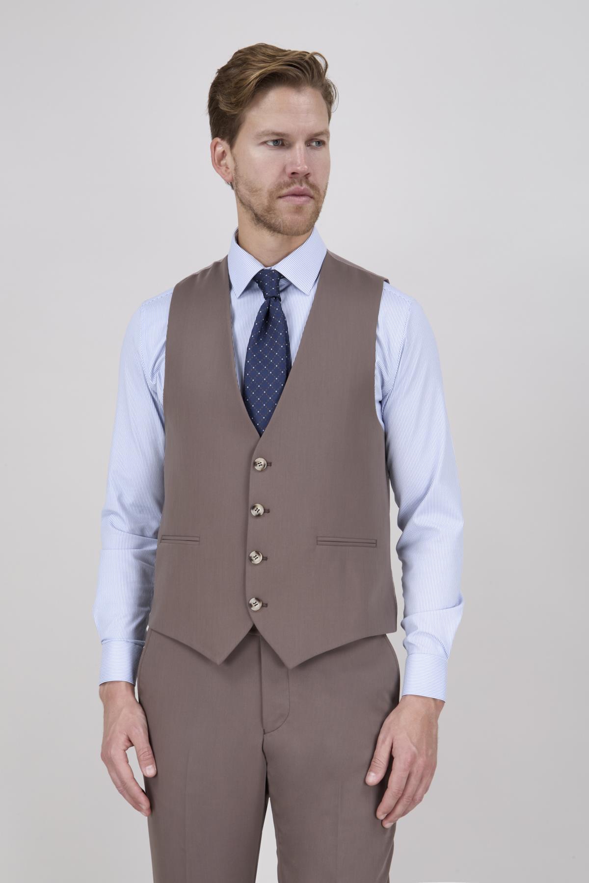 Erkek Slim Fit Mono Yaka Vizon Yelekli Takım Elbise