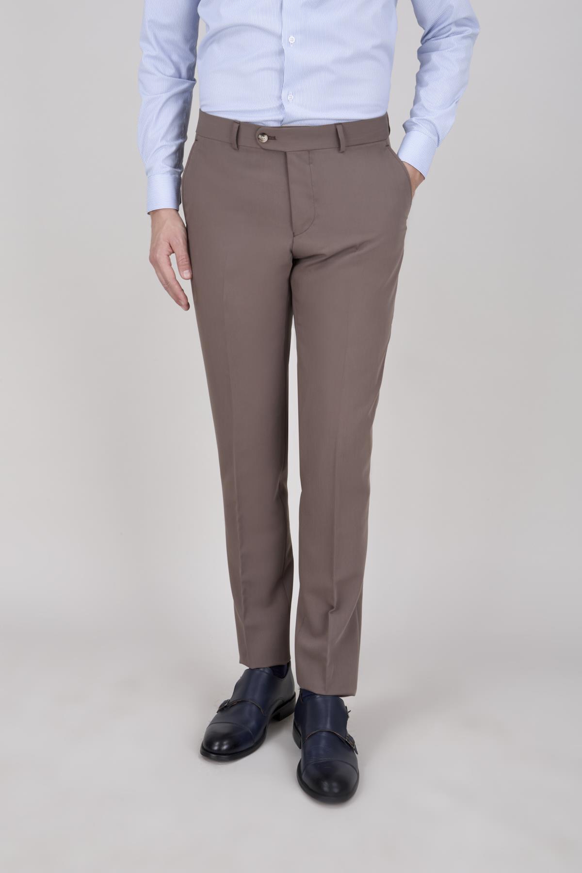 Erkek Slim Fit Mono Yaka Vizon Yelekli Takım Elbise