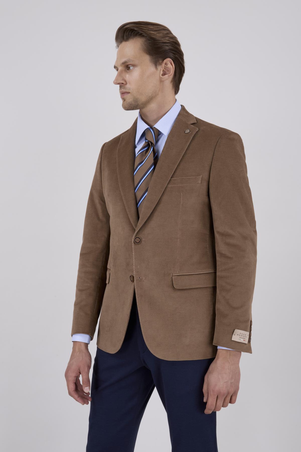 Erkek Slim Fit Mono Yaka Kadife Vizon Ceket