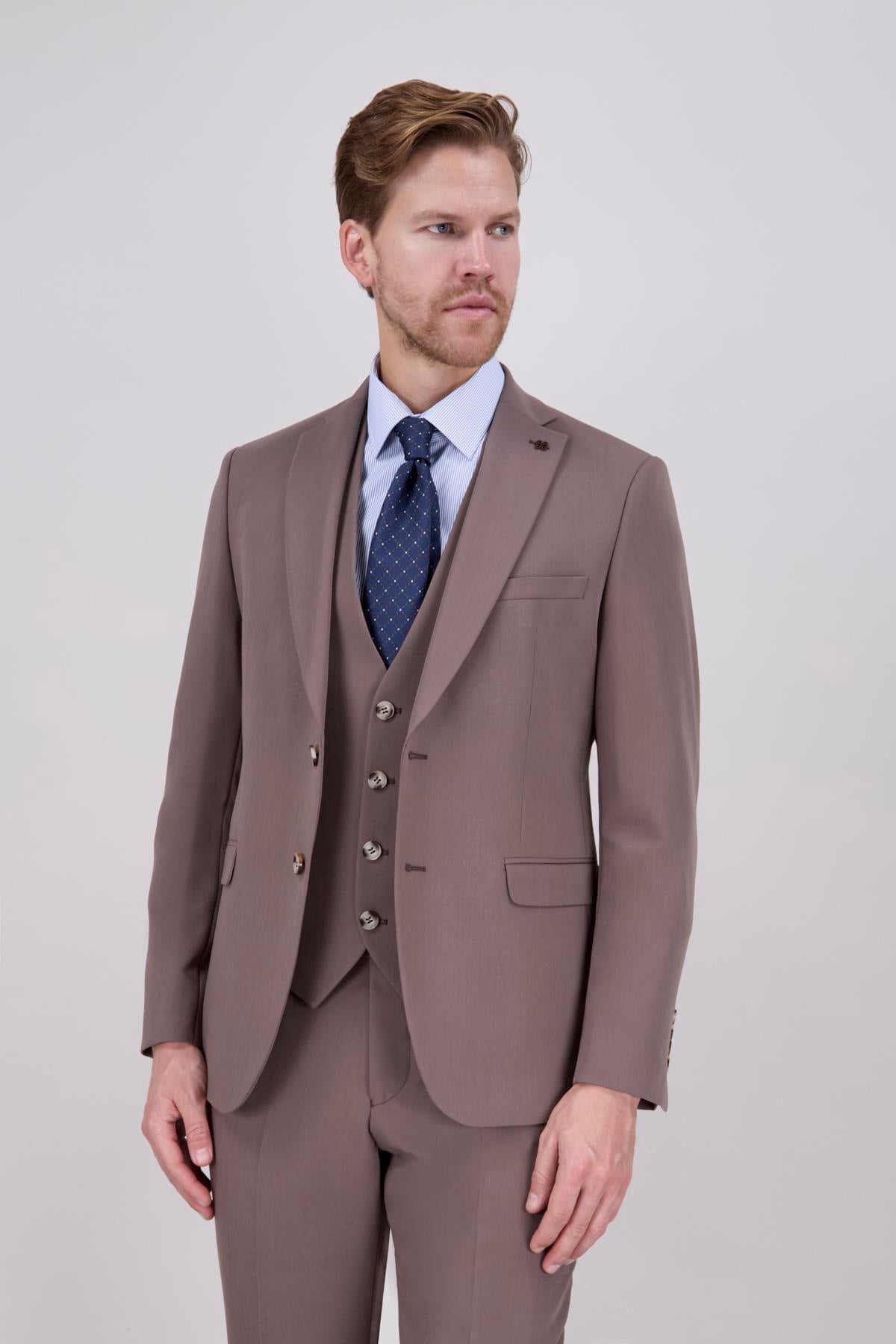 Erkek Slim Fit Mono Yaka Vizon Yelekli Takım Elbise