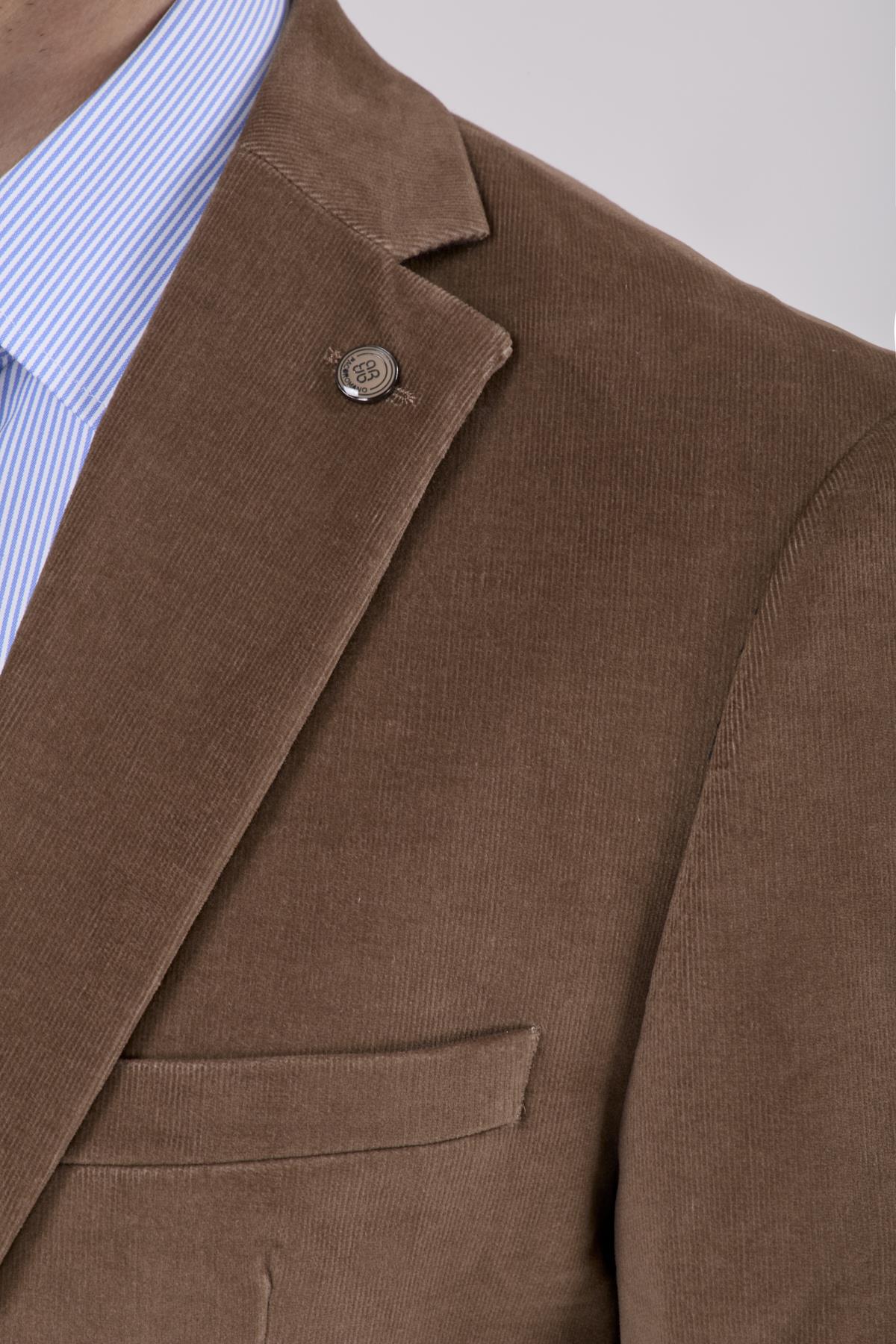 Erkek Slim Fit Mono Yaka Kadife Vizon Ceket