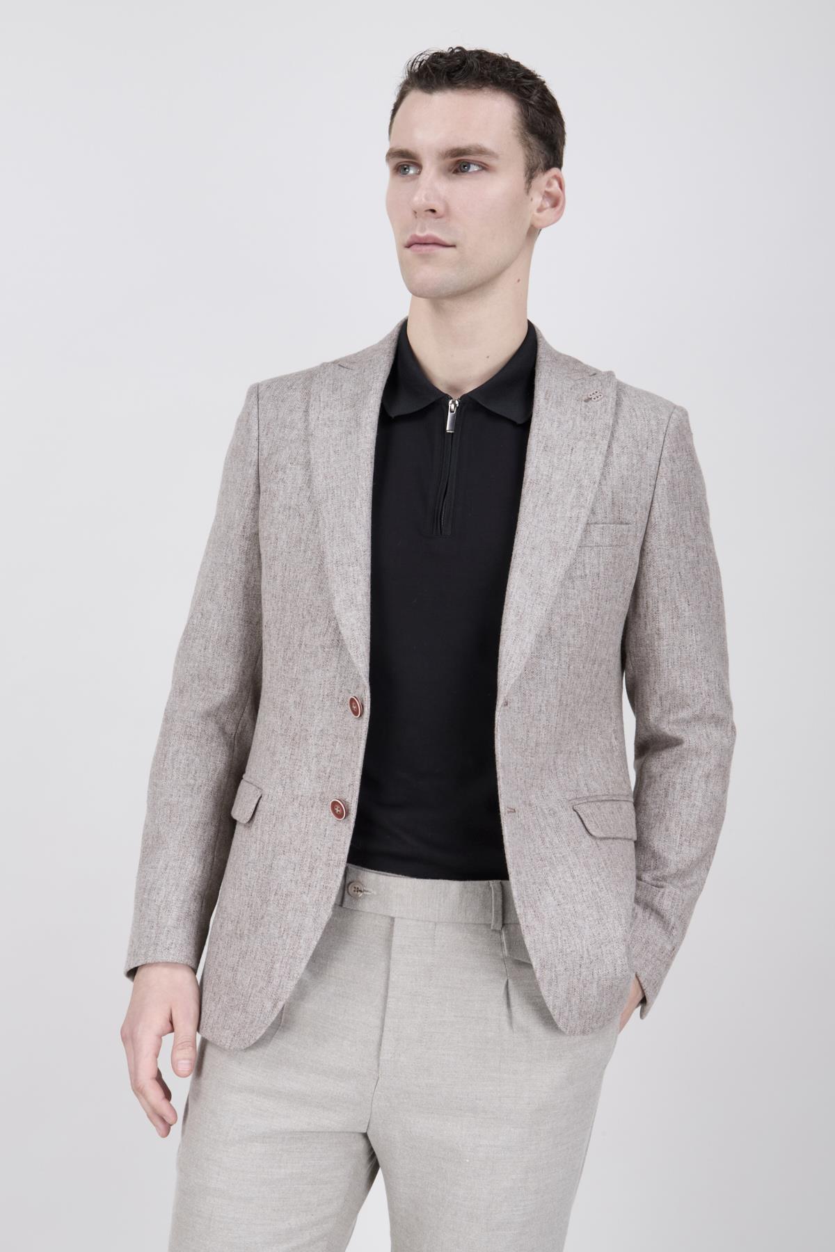 Erkek Slim Fit Sivri Yaka Vizon Ceket