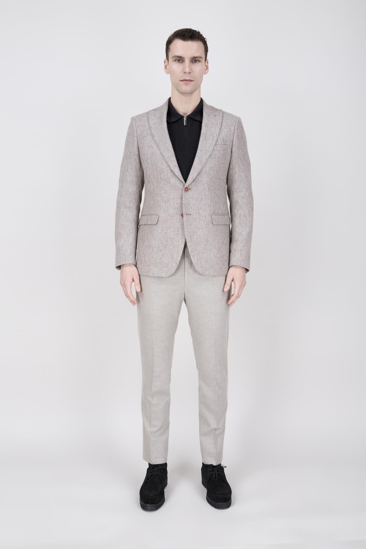 Erkek Slim Fit Sivri Yaka Vizon Ceket