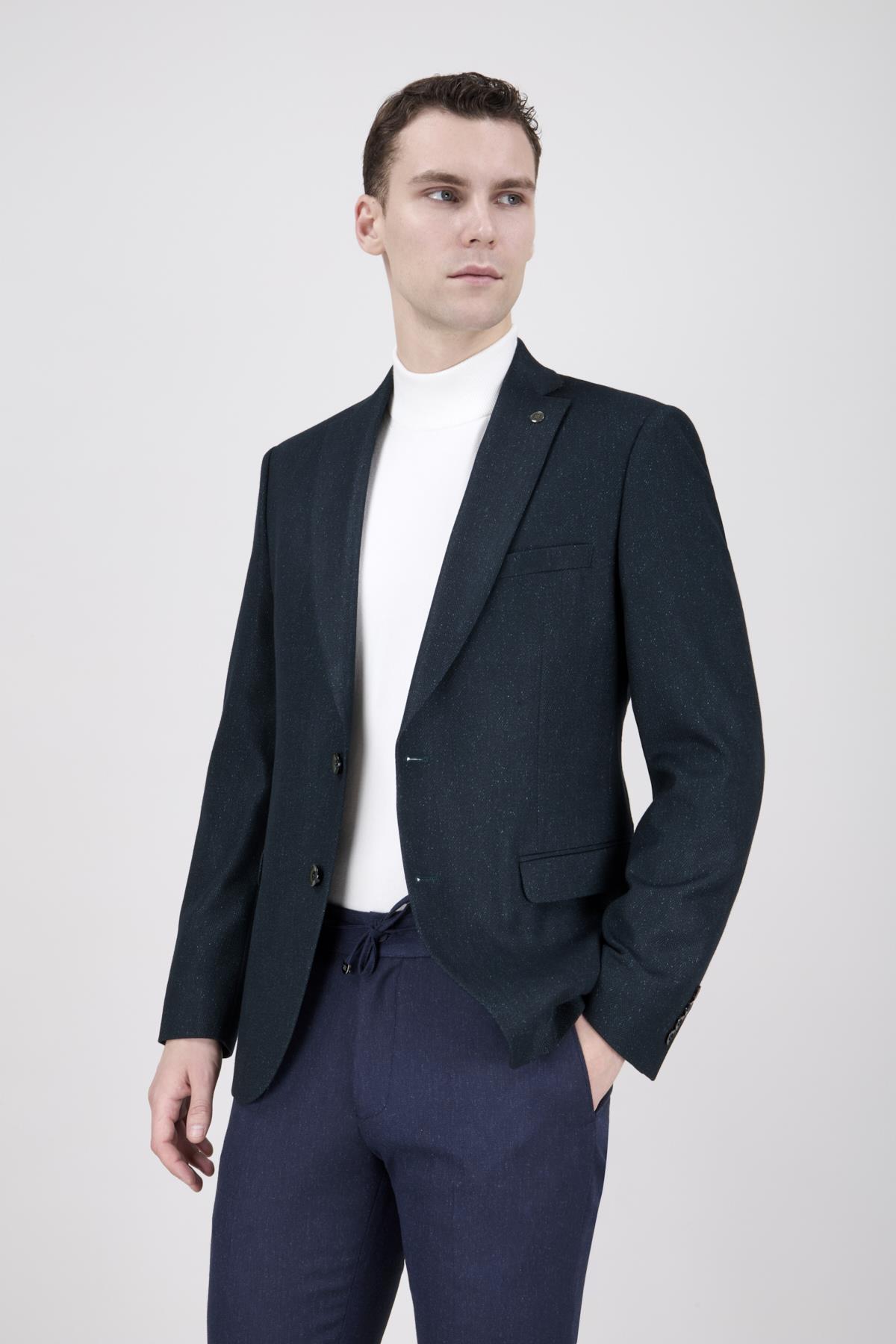 Erkek Slim Fit Mono Yaka Yeşil Ceket