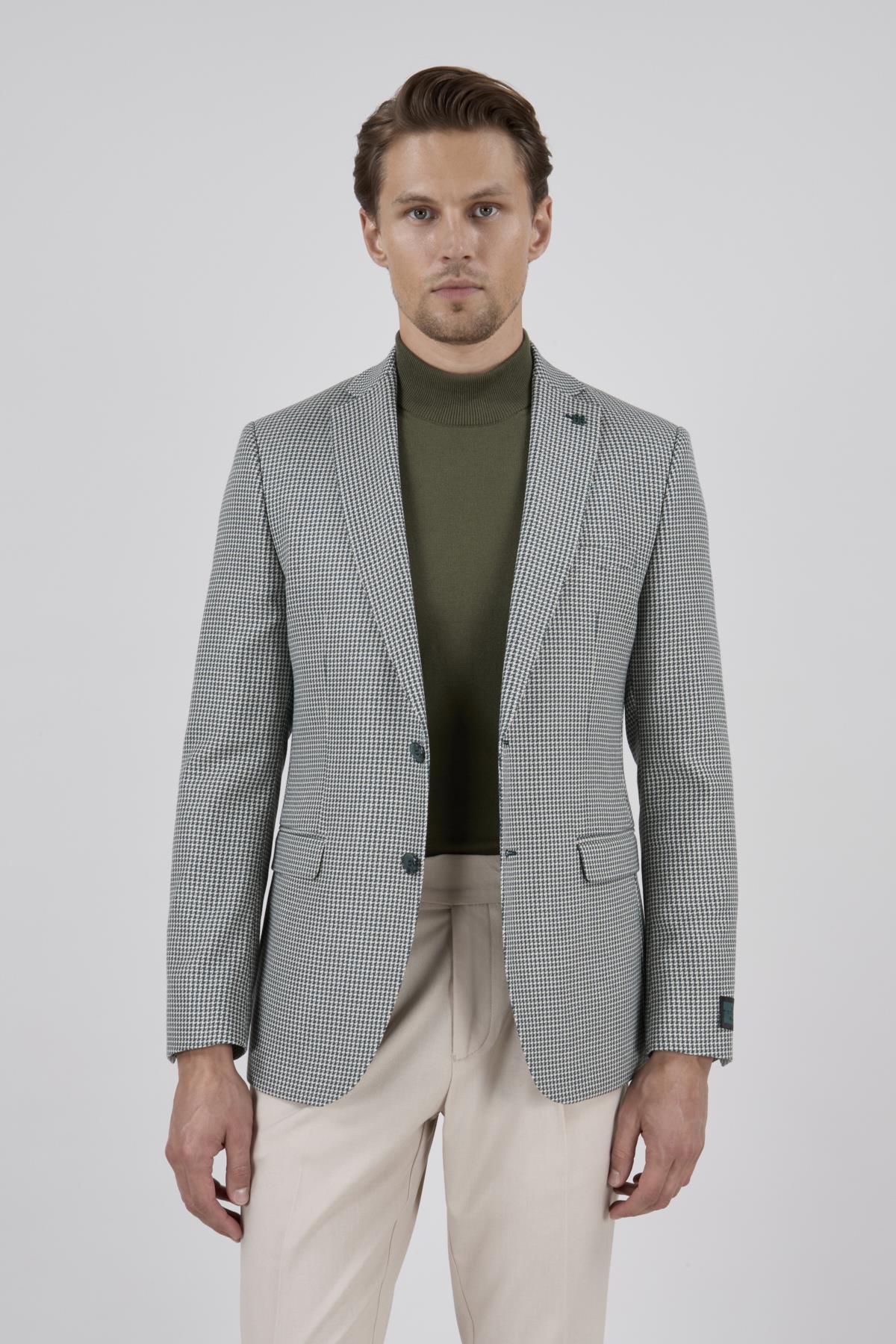 Erkek Slim Fit Mono Yaka Yeşil Ceket