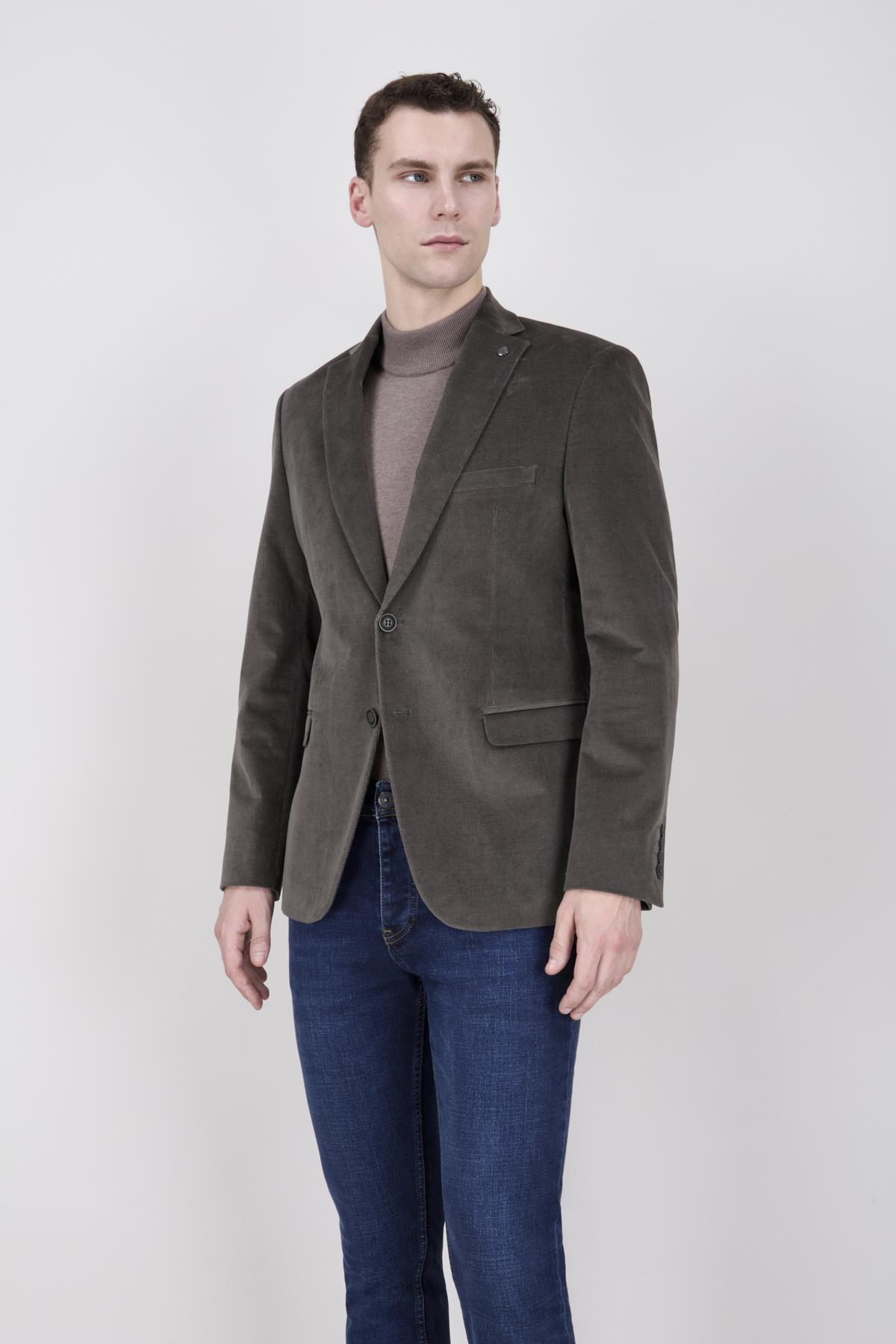 Erkek Slim Fit Mono Yaka Kadife Yeşil Ceket