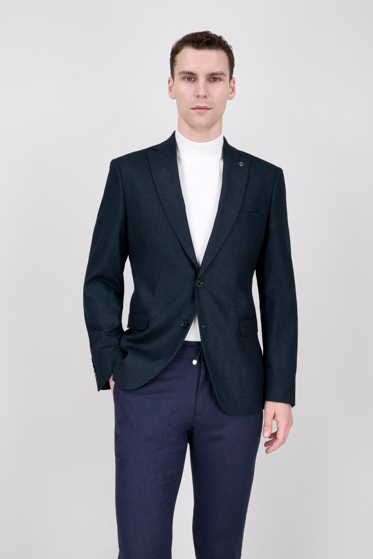 Erkek Slim Fit Mono Yaka Yeşil Ceket