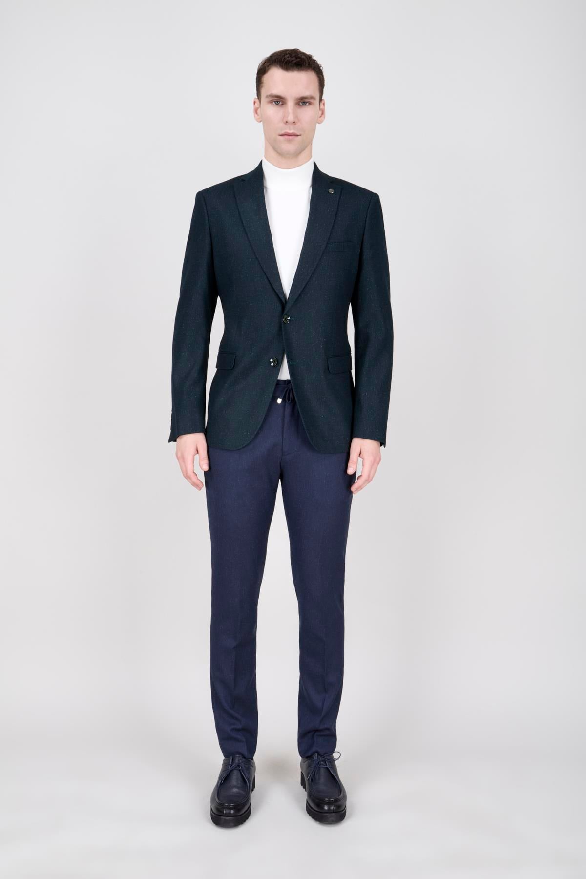 Erkek Slim Fit Mono Yaka Yeşil Ceket