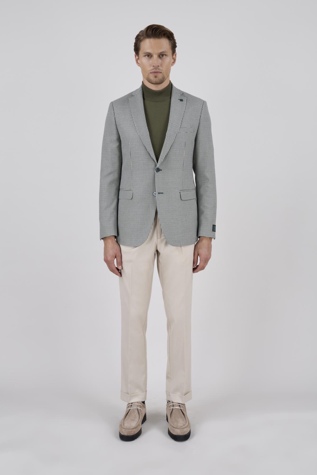 Erkek Slim Fit Mono Yaka Yeşil Ceket