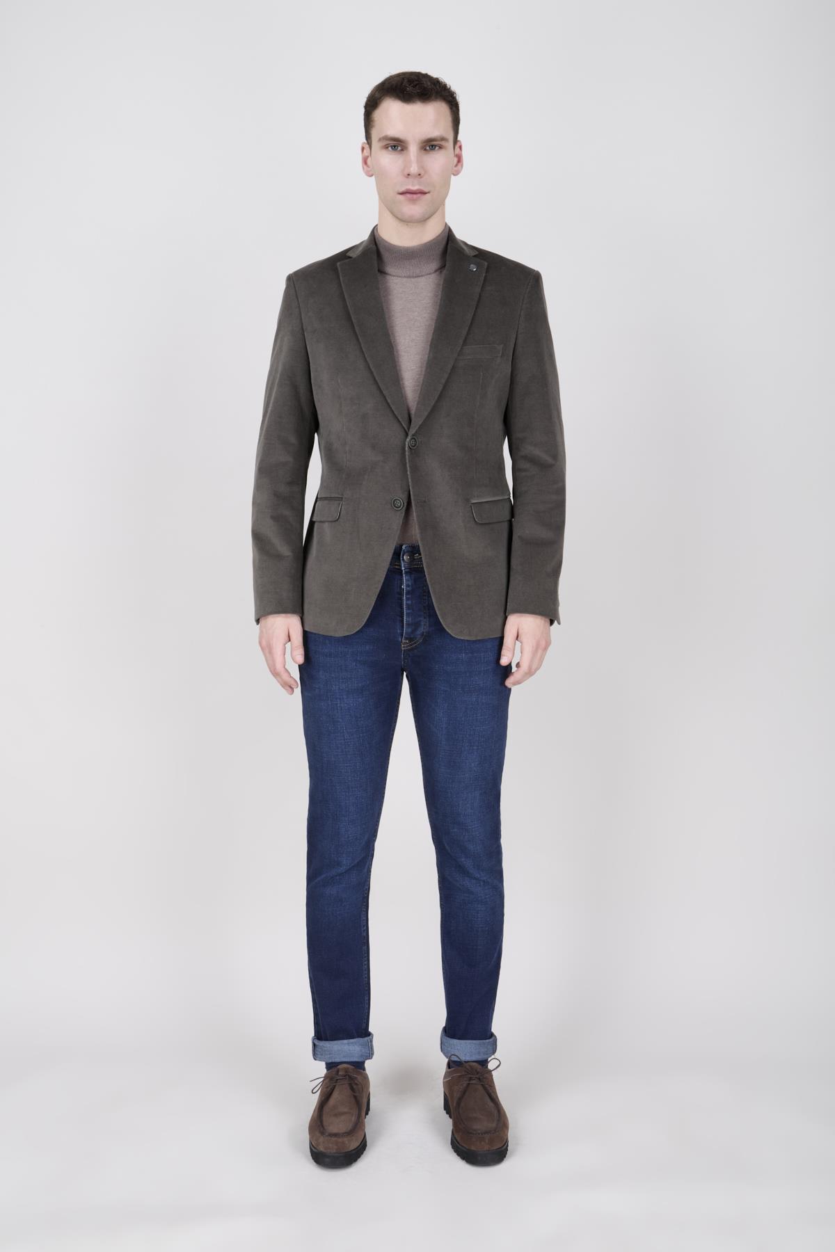 Erkek Slim Fit Mono Yaka Kadife Yeşil Ceket