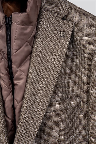 Erkek Slim Fit Mono Yaka Çıkarılabilir Kapitone Astarlı Açık Bej Ceket
