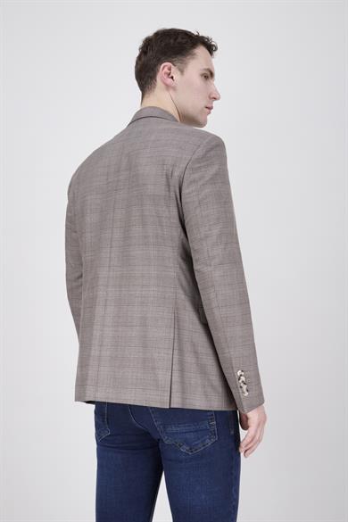 Erkek Slim Fit Mono Yaka Ekose Açık Kahverengi Ceket