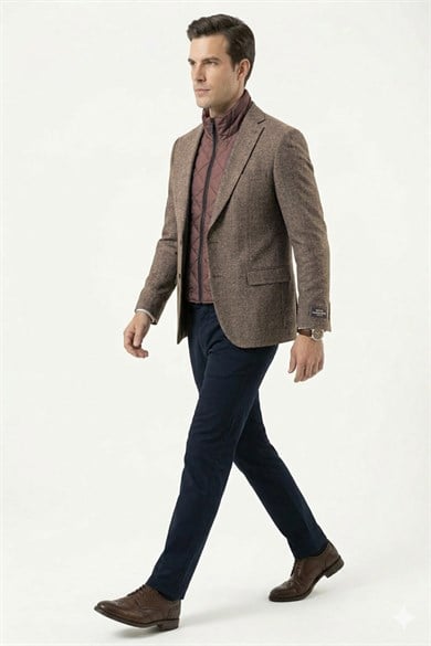 Erkek Slim Fit Mono Yaka Çıkarılabilir Kapitone Astarlı Açık Bej Ceket