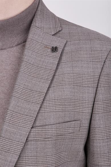 Erkek Slim Fit Mono Yaka Ekose Açık Kahverengi Ceket