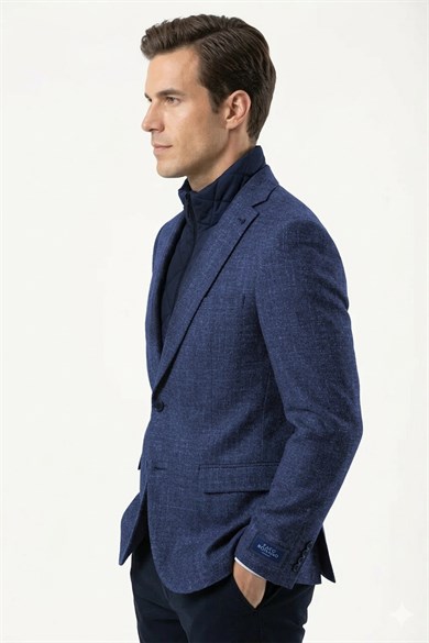 Erkek Slim Fit Mono Yaka Çıkarılabilir Kapitone Astarlı Açık Lacivert Ceket