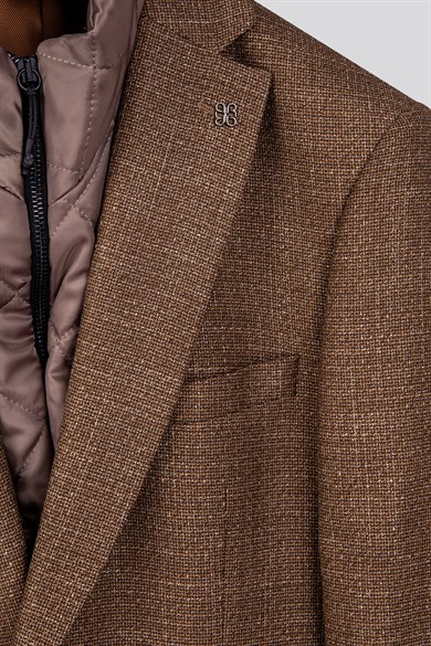 Erkek Slim Fit Mono Yaka Çıkarılabilir Kapitone Astarlı Açık Kahverengi Ceket