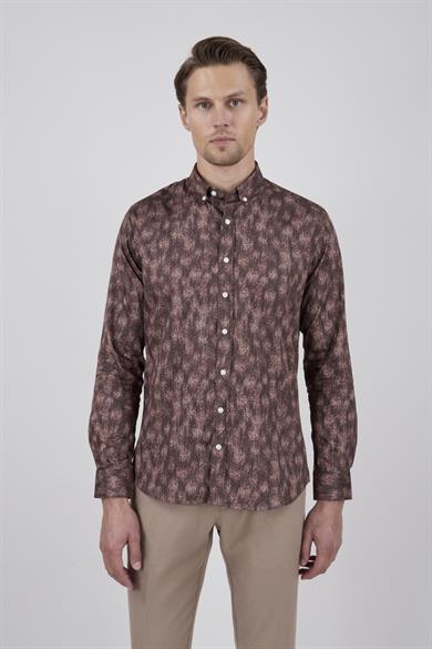 Erkek Slim Fit Desenli Kahverengi Gömlek