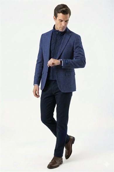 Erkek Slim Fit Mono Yaka Çıkarılabilir Kapitone Astarlı Açık Lacivert Ceket
