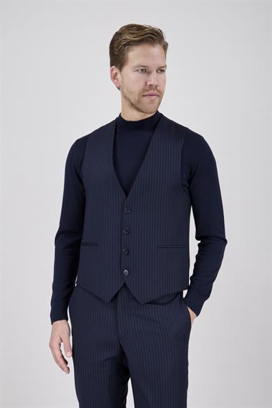 Erkek Slim Fit Sivri Yaka Açık Lacivert Yelekli Takım Elbise