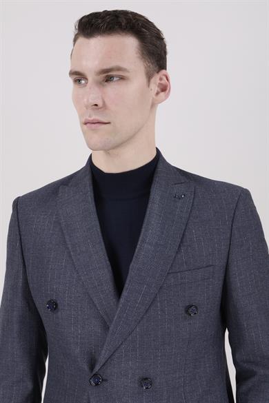 Erkek Slim Fit Sivri Yaka Açık Lacivert Kruvaze Model Takım Elbise