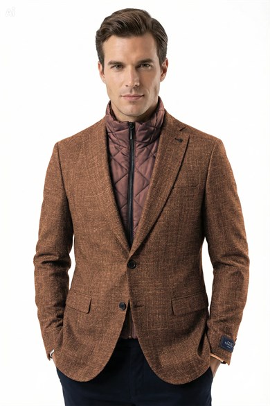 Erkek Slim Fit Mono Yaka Çıkarılabilir Kapitone Astarlı Açık Kahverengi Ceket