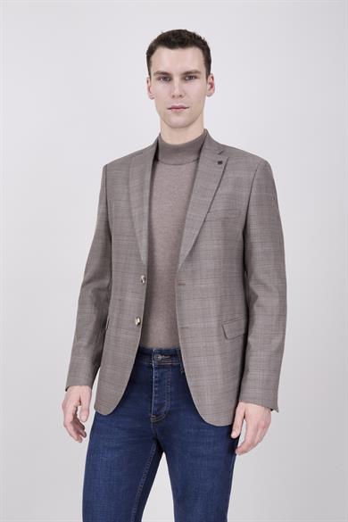 Erkek Slim Fit Mono Yaka Ekose Açık Kahverengi Ceket