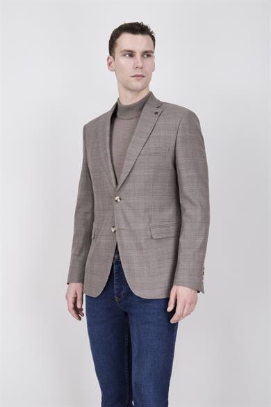 Erkek Slim Fit Mono Yaka Ekose Açık Kahverengi Ceket