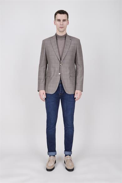 Erkek Slim Fit Mono Yaka Ekose Açık Kahverengi Ceket