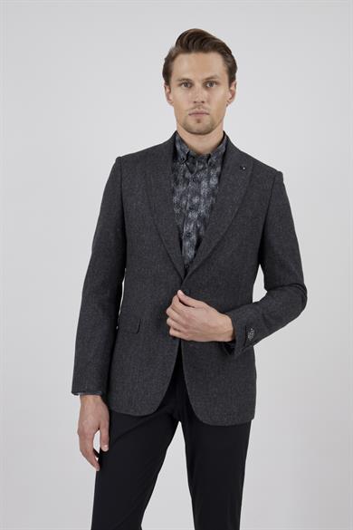 Erkek Slim Fit Mono Yaka Ekose Antrasit Ekose Ceket