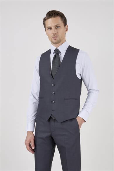 Erkek Slim Fit Sivri Yaka Antrasit Yelekli Takım Elbise