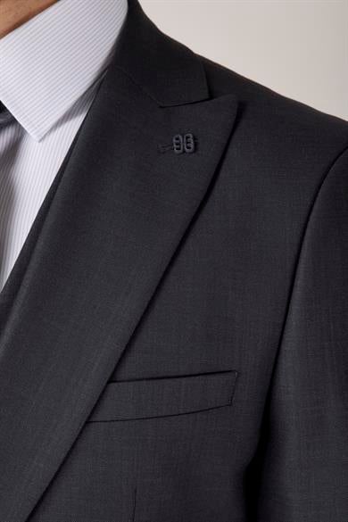 Erkek Slim Fit Sivri Yaka Antrasit Yelekli Takım Elbise