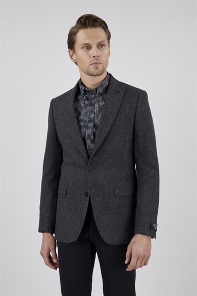 Erkek Slim Fit Mono Yaka Ekose Antrasit Ekose Ceket