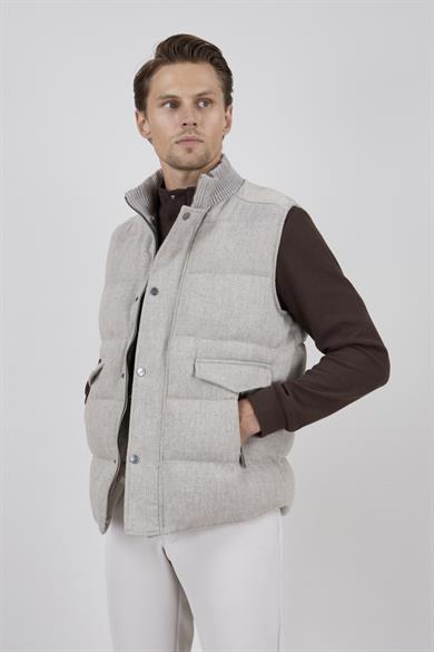 Erkek Bej Dik Yaka Yünlü Casual Yelek