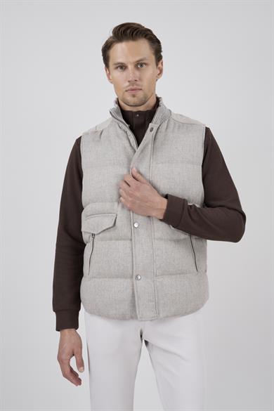 Erkek Bej Dik Yaka Yünlü Casual Yelek